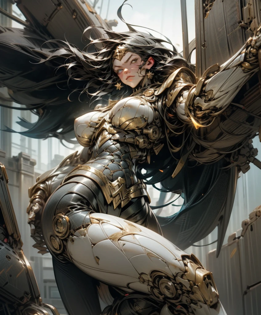 sexy swordsman knight woman riding on a horse on the battlefield