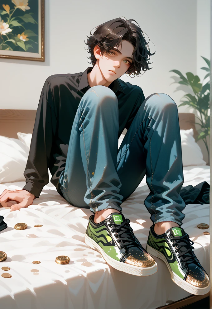 a boy, shoulder length hair, straight and dark hair, dark of black ethnicity, wearing a black yk2 crop top, moss green cargo pants, green and white Jordan sneakers.