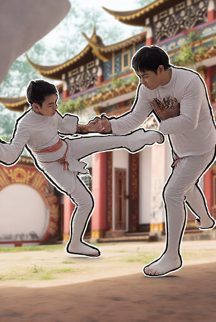 very detailed and realistic photo, HD quality, 4K, a man expert in traditional Javanese Indonesian martial arts. 50 years old, sturdy body slightly muscular, short black hair, position facing the camera, with a horse stance, right hand holding a keris and left hand clenched crossed in front of the chest, wearing a white t-shirt, black pants and traditional Javanese shoes, in a dimly lit room full of mystical nuances there is white smoke, behind the person's standing position there is a very exotic dragon, showing the dragon moves demonstrated by the martial arts expert. A young Indonesian girl appears, clean smooth skin, loose black hair with a red and white cloth headband wearing a tight white t-shirt and sexy short bottoms wearing traditional Javanese Indonesian shoes sitting half cross-legged in front of the martial arts expert. make it in detail and very complicated and very clear, realistic and sharp.