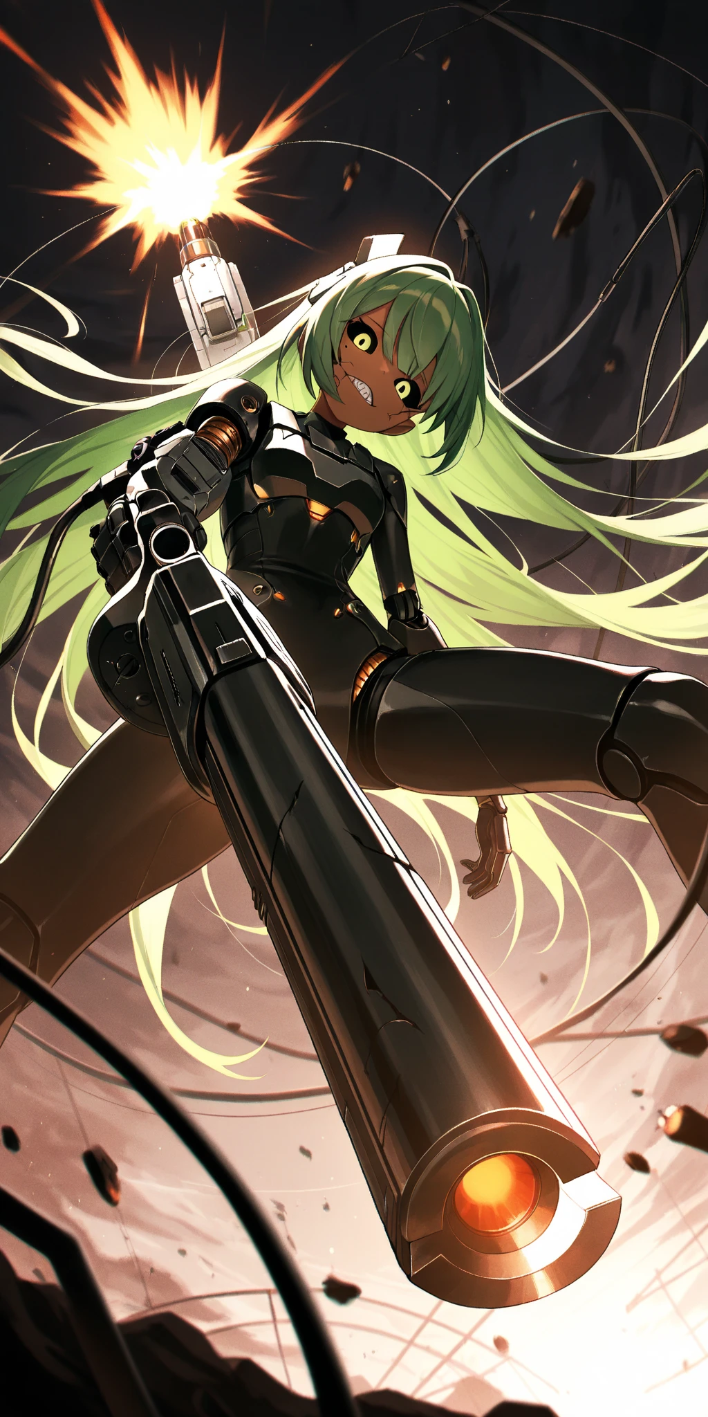 (humanoid Deficiency machine:1.2) ,Damaged precise Robot ,revolver ,(left machine arm damaged:1.4) ,short circuit body and arm:0.1 ,lost left hand ,precise machine girl type android :1.1 ,YSMB ,small :0.7 damage:1.7 ,(Very long wiring hair) ,Cinematic angle ,Dark skin:0.8, Trans parent ,Super wide shot ,Dynamic angle:1.0 , light gradation:0.1 ,head tilt:0.7 ,18 Old ,masterpiece, best quality, vibrant, very aesthetic, high contrast, cameralistic, newest, one mole under eye ,score_9, score_8_up, score_7_up,source_anime ,face_yolov8n/s.pt , mutant cheek:0.1 ,mutant :0.1 ,sharp tooth:0.1 ,black sclera ,Dutch angle ,from below ,spread my legs , Shoot the viewer with a gun ,Shoot the me with a gun .,muzzle flash:0.2 , black smoke:0.1 ,Exposed wiring arms ,Armored right legs ,Green hair ,head visor accessory ,Revolver , aiming at viewer:1.4 ,lost right leg ,damaged viewer:1.1 ,Damaging the audience ,Cracked Screen