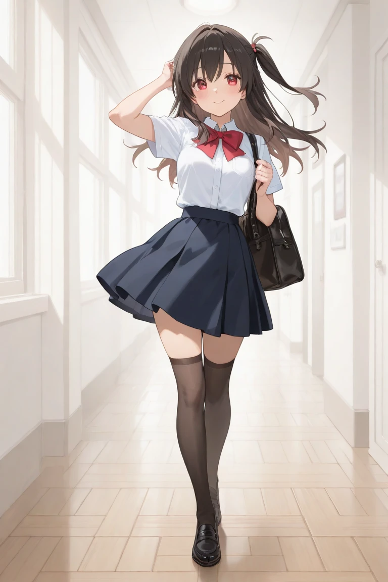 {
  "character": "Beautiful anime schoolgirl, 1, with long straight brown hair, large brown eyes, fair skin, and a very slim body with  breasts and long legs.",
  "pose": "Standing slightly inclined to the right, her right hand gently touching her hair while her left hand hangs relaxed by her side. Her body is slightly turned to her left, giving a serene and confident expression.",
  "outfit": "White long-sleeve blouse with a black bow at the collar, dark pleated skirt reaching mid-thigh, sheer black stockings, and black sneakers with white soles.",
  "camera_angle": "Full body shot from the front with a slight angle to capture her entire outfit and the surrounding environment.",
  "background": "Natural outdoor setting with trees and greenery around, a dirt path at her feet, and warm golden hour lighting that adds a soft glow to the scene."
}

