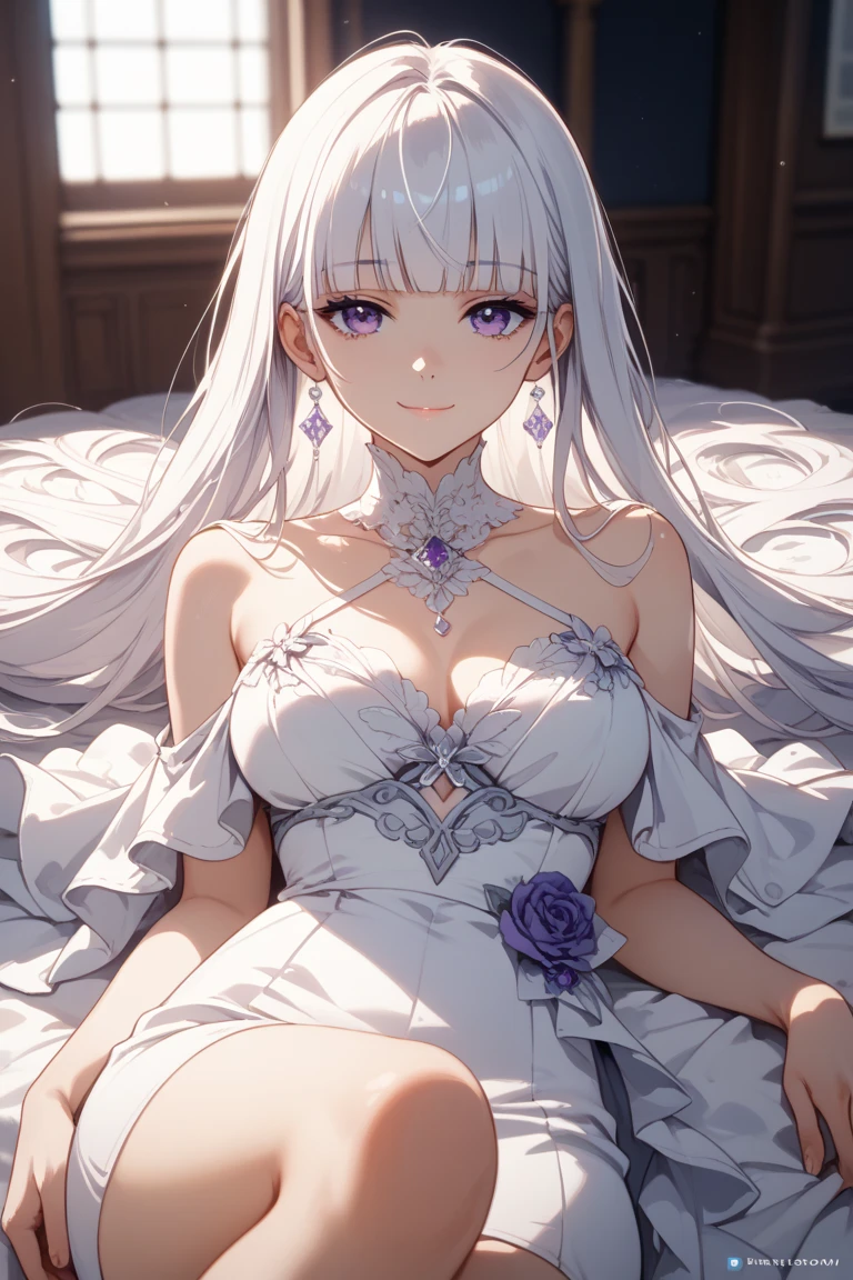 (best quality,4k,8k,highres,masterpiece:1.2),ultra-detailed,realistic,photorealistic:1.37, Mirajane Strauss, with a beautiful smile, wearing a white vintage dress 