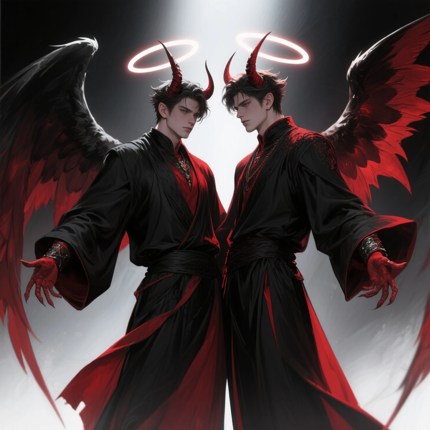 Delicate and pale skin, sharp teeth, crimson pupils, and pitch-black horns make up a devilish portrait of a young boy. His appearance gives off an air of danger, and even his happy expression carries a hint of seduction. He wears a black and red robe with a hooded cape.