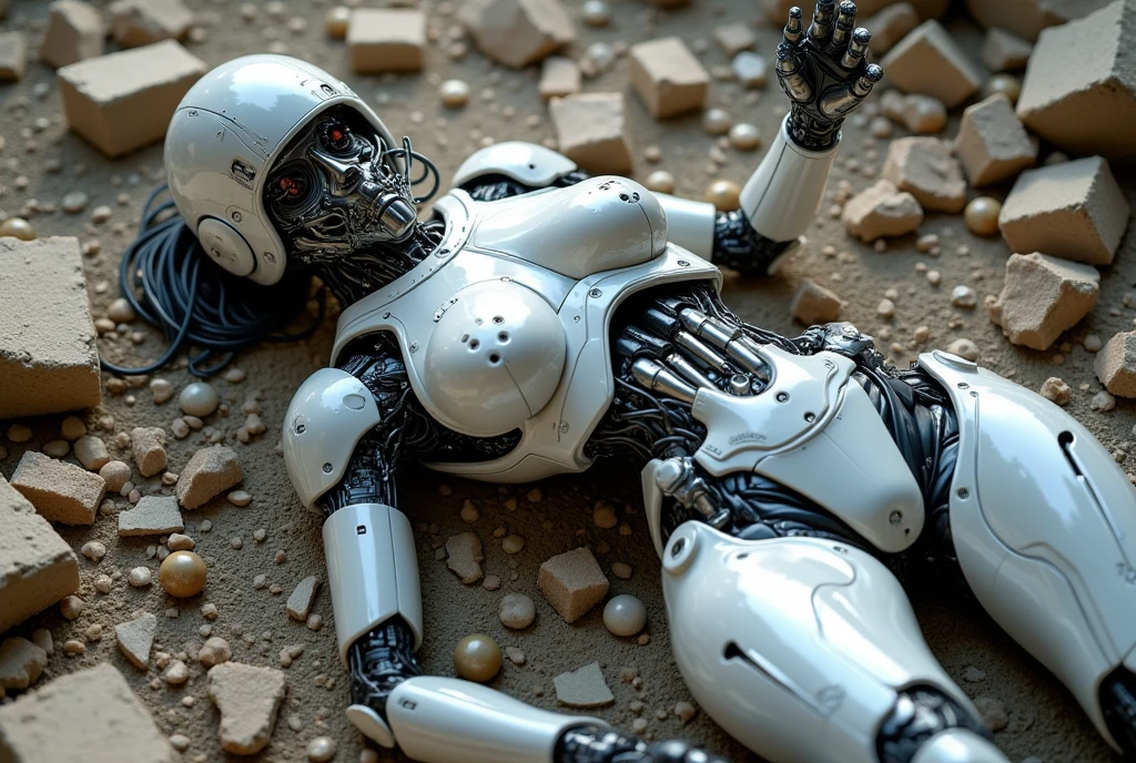 Create an amazing realistic art image of a broken robot, a female combat android lying in the rubble, wearing a human combat suit, her upper body is twisted and her lower body is buried in the rubble, she is missing an arm and half of her head exposing the precision machinery inside, the mechanical body is visible inside the torn combat suit, a mess of electric wires tangled around her body, parts and shells scattered around her body, masterpiece, best quality, raw photo, 8K wallpaper,
