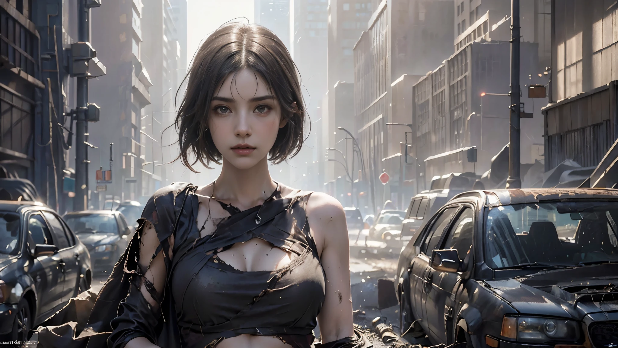 masterpiece, high resolution, 8,000,( Portrait Photos:1.5),(R original photo),Reality,Digital photography,Ruins of the Apocalypse , apocalyptic wasteland ,(desert ruins ),City ruins,Dirty Girl,sentry, post-apocalyptic scene ,( upper body photography :1.howing her navel), Worn Clothes,looking into the camera,(big breasts), short hair,由Greg Rutkowski、 conceptual art by John William Waterhouse, intricate details, 8K production, high resolution , super detailed, are very popular on Artstation , Clear Focus , depth of field/1.8,
