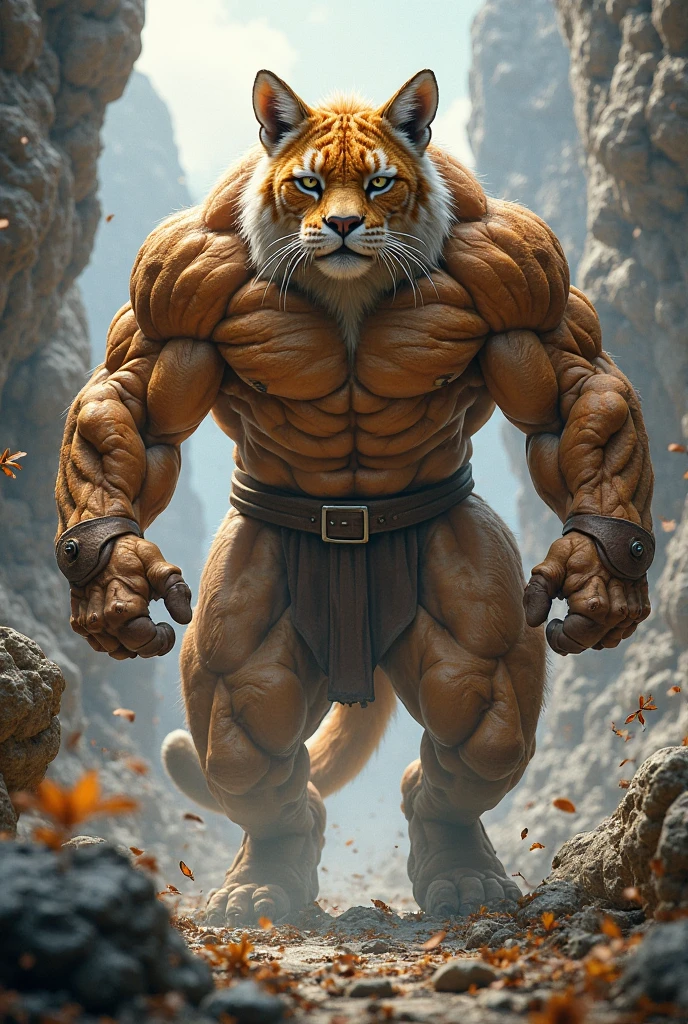 nj5furry, (a cougar, Shirt, ripped muscles, Topless, naked)), No clothes, thick fur covering the crotch, Cream brown fur, ((full body)) male, kemono, ((Extremely realistic shadows, Masterpiece, extremely detailed, photorealistic), ((a cougar), back, broad shoulders, standing on your back, firm buttocks, round buttocks, shapely buttocks, massive and very muscular pecs. No clothes, thick fur covering the crotch, strong, mature male, bodybuilding posture, carefree expression, mischievous smile, sexy,  detailed face, handsome, huge, muscular and massive body, bulge pectorals, muscular abs, narrow waist, cream brown fur, short hair, red nose, red eyes, crotch bulge, Enchanted and fairy tale forest behind him. dark brown Jedi-style baggy pants