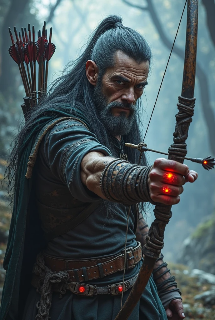 dark dwarf elf barbarian male face with injuries on his face with ax in each hand