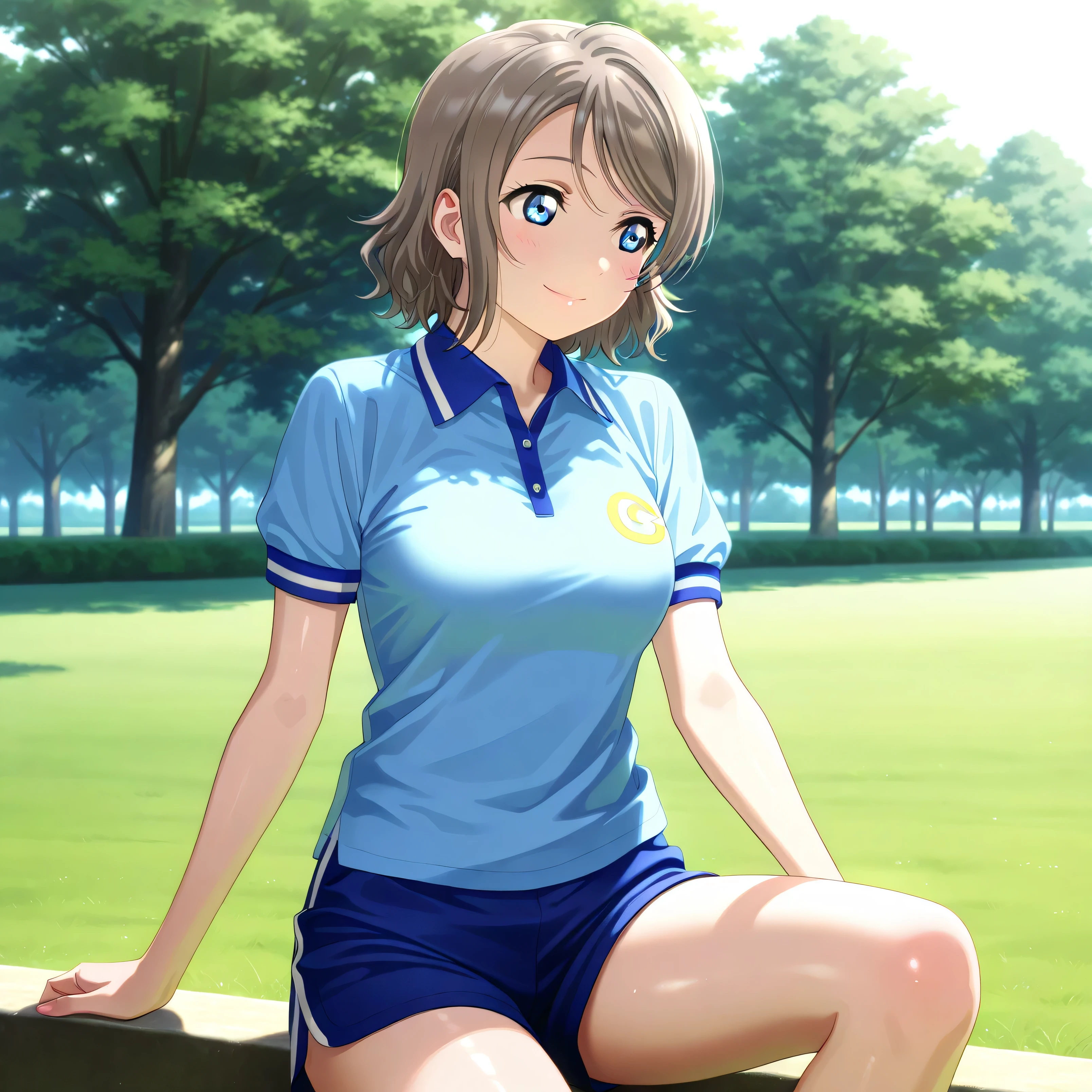 masterpiece 4k, best quality, girl, beautiful face, clean skin, shiny hair, shiny skin, beautiful face, perfect eyes, high quality shine, best quality, very aesthetic 4k, absurd, perfect body quality, beautiful curves, perfect, perfect genitals, beautiful ambient light, beautiful aesthetics, very realistic scenery, high quality 4k, masterpiece,best quality,absurdres,newest,highres, official art, 1girl you watanabe, blue eyes, brown hair, short hair, swept bangs, short golf shorts, black color, short blue top, in a park full of sakura trees, luiz realistic realistic shadow beautiful scenery, posing to take a photo