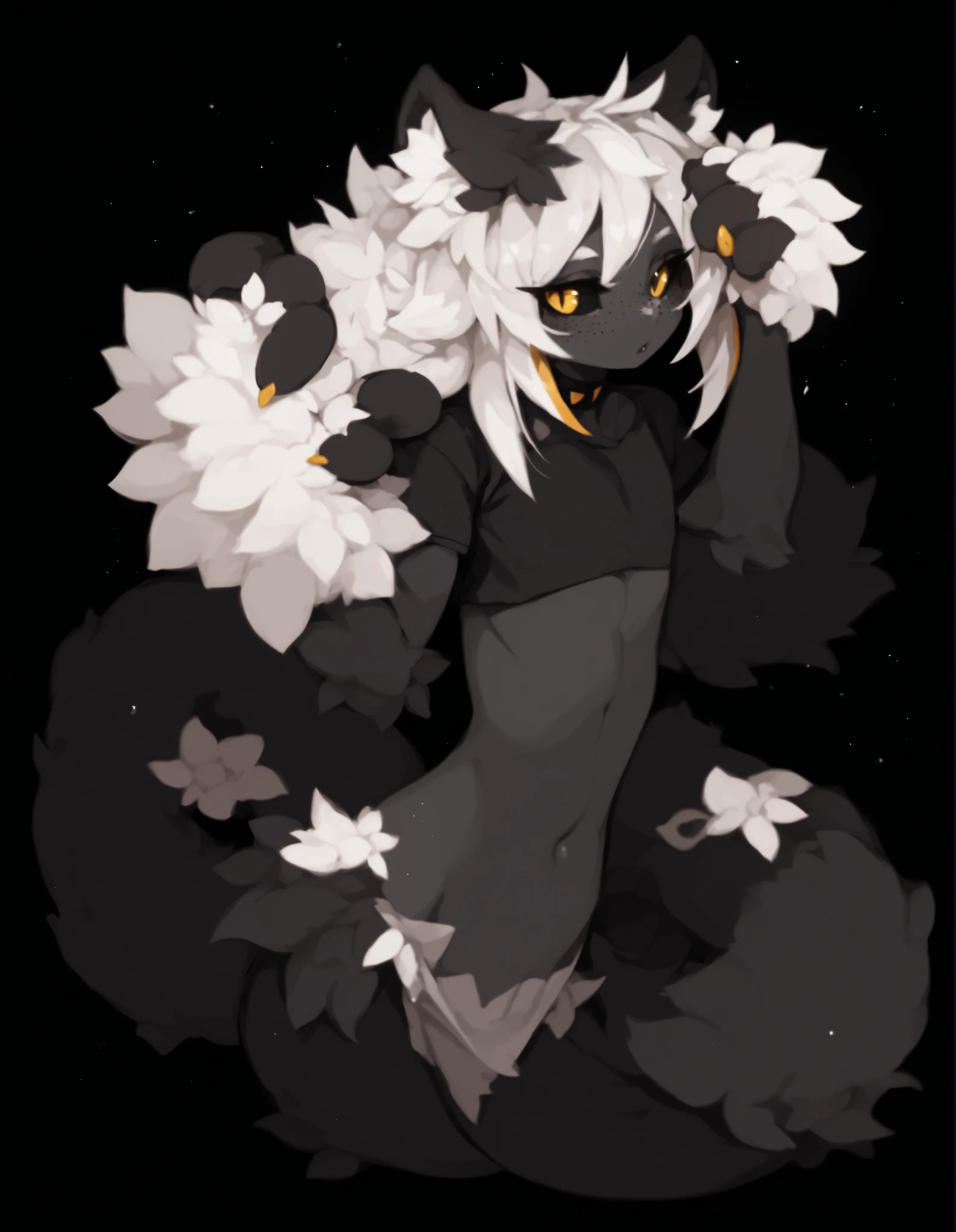 solo, (Score_9, score_8_up), (expressive yellow eyes), perfect face, femboy, (masterpiece), MGE, (bunyip), animal limbs, lamia, (animal arms), animal ears, (furry tail topside:1.2), plain oversized t-shirt, unnatural skin color, black skin, freckles, black sclera, white hair, gold highlights, (fluffy hair), ear fluff, black background