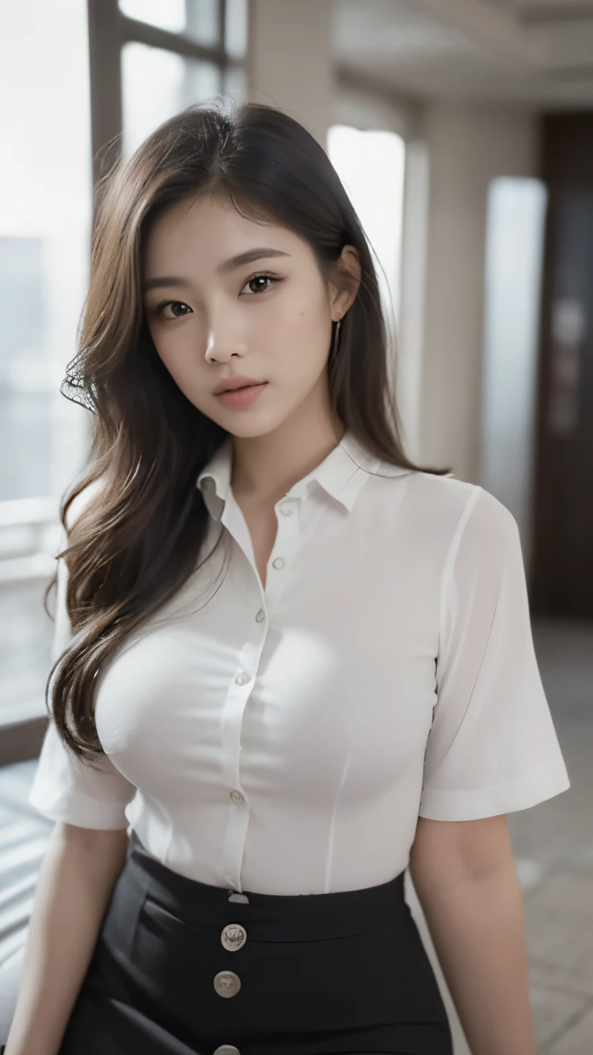 (RAW Photos), (Realistic), (masterpiece), (highest quality), High resolution, 8k, (Intricate details), (Volumetric Light), Portraiture, woman, Age 25, Medium Hair, Straight hair, Mid-chest, Accentuate your cleavage, Layered Hair, Brown Hair, Very beautiful eyes, Source order, Very thin eyebrows, Very fine skin, Very beautiful mouth, Very nice nose, Cute like an idol, smile, (Thick lips), (Looking at the audience), (Pearl white collared dress shirt), Above the knee shot,