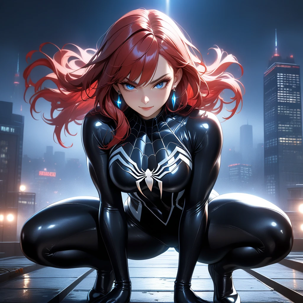 Girl with long red hair, cyan eyes, hourglass body, my hero academia, wearing a tight dress