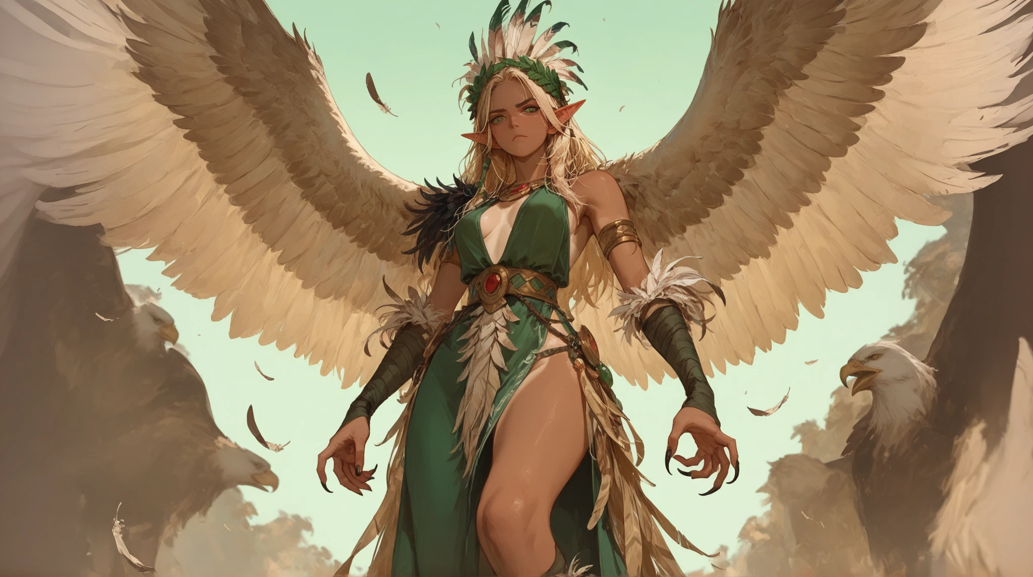 Masterpiece, best quality, {best quality}, {{masterpiece}}, {highres}, anime, 1girl, adult woman, attractive, exotic, Quetzalcoatl, Kukulkan, Serpent God, feathered serpent, flying feathers, plumage, Aztec, golden, gold, thunder, thunder, claws, sharp teeth, serious