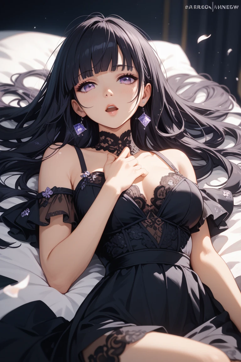 Highest quality,Highest Resolution,Sexy black gothic ta opens her mouth and drools while crying,Bedroom,Big purple eyes,