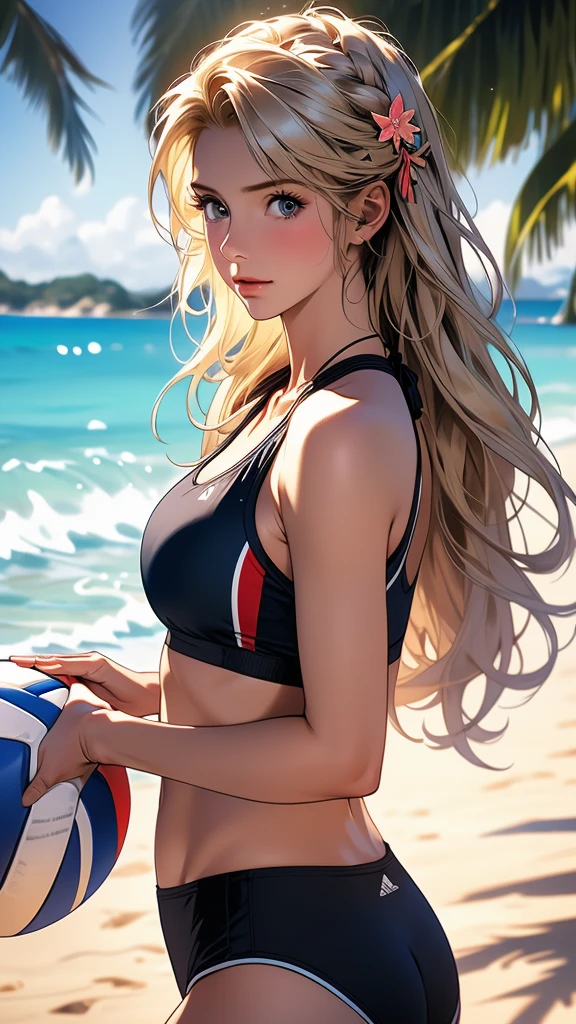 best quality, masterpiece, detailed, intricate, beautiful girl, muscular, sexy, tomboy, blonde, attractive, playing beach volleyball, beautiful beach, aesthetic, artistic, cinematic, natural lighting, summer