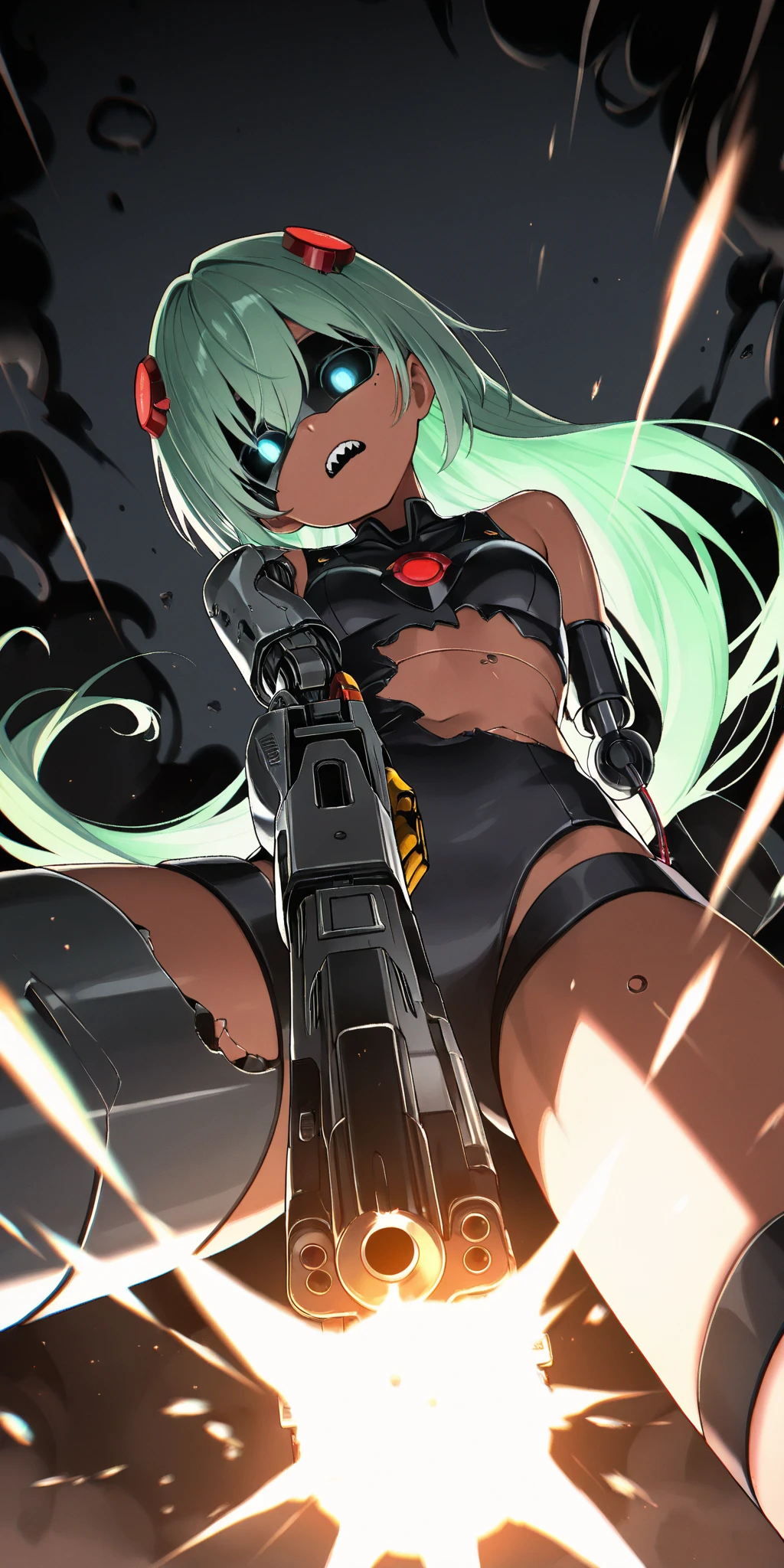 (humanoid Deficiency machine:1.2) ,Damaged precise Robot ,revolver ,(left machine arm damaged:1.4) ,short circuit body and arm:0.1 ,lost left hand ,precise machine girl type android :1.1 ,YSMB ,small :0.7 damage:1.7 ,(Very long wiring hair) ,Cinematic angle ,Dark skin:0.8, Trans parent ,Super wide shot ,Dynamic angle:1.0 , light gradation:0.1 ,head tilt:0.7 ,18 Old ,masterpiece, best quality, vibrant, very aesthetic, high contrast, cameralistic, newest, one mole under eye ,score_9, score_8_up, score_7_up,source_anime ,face_yolov8n/s.pt , mutant cheek:0.1 ,mutant :0.1 ,sharp tooth:0.1 ,black sclera ,Dutch angle ,from below ,spread my legs , Shoot the viewer with a gun ,Shoot the me with a gun .,muzzle flash:0.2 , black smoke:0.1 ,Exposed wiring arms ,Armored right legs ,Green hair ,head visor accessory ,Revolver , aiming at viewer:1.4 ,lost right leg ,damaged viewer:1.1 ,Damaging the audience ,Cracked Screen
