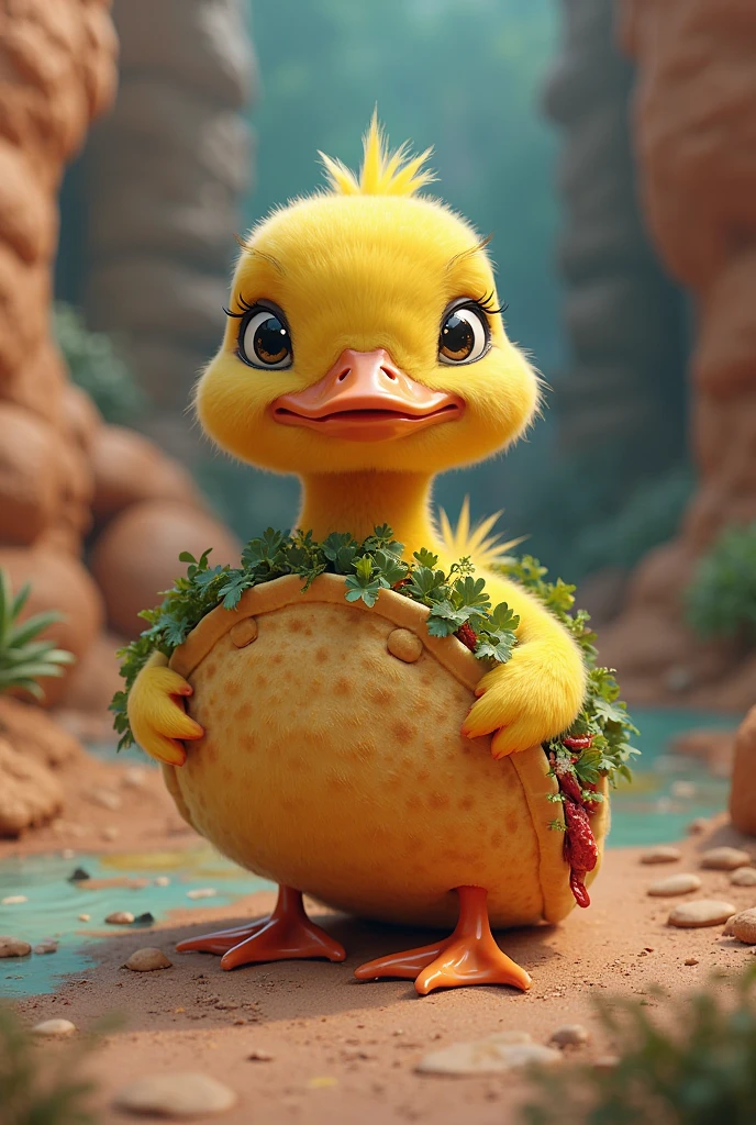 A duck eating pizza