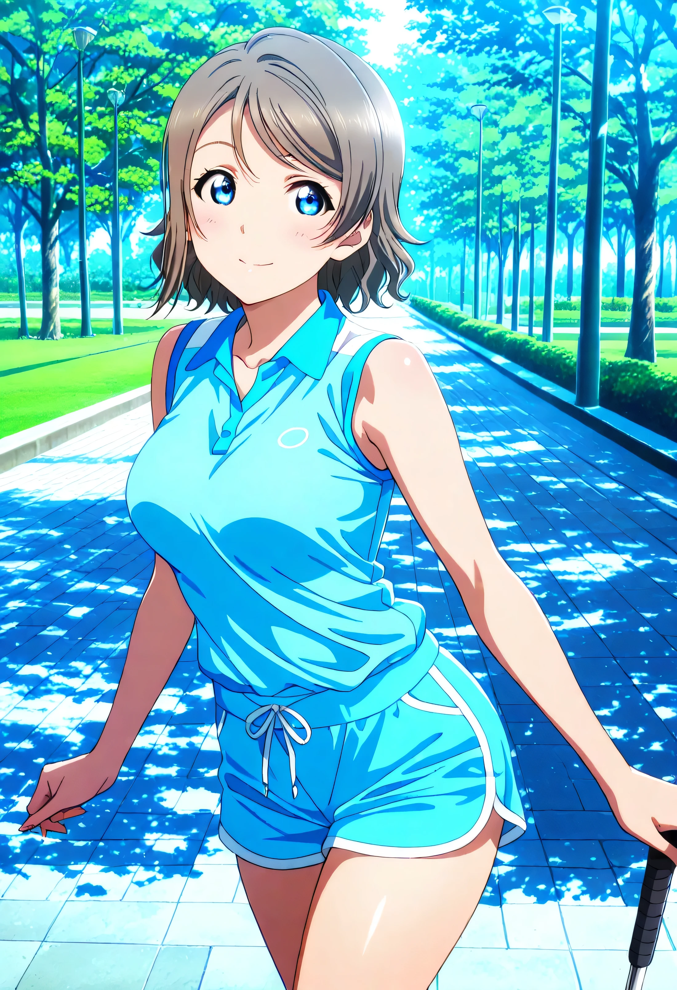 masterpiece 4k, best quality, girl, beautiful face, clean skin, shiny hair, shiny skin, beautiful face, perfect eyes, high quality shine, best quality, very aesthetic 4k, absurd, perfect body quality, beautiful curves, perfect, perfect genitals, beautiful ambient light, beautiful aesthetics, very realistic scenery, high quality 4k, masterpiece,best quality,absurdres,newest,highres, official art, 1girl you watanabe, blue eyes, brown hair, short hair, swept bangs, short golf shorts, black color, short blue top, in a park full of sakura trees, luiz realistic realistic shadow beautiful scenery, posing to take a photo