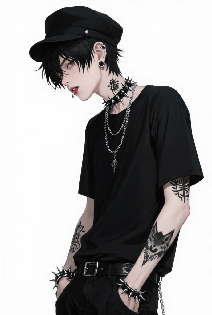 An 18 year old BOY; Clear Skin; Italian; anime style; black hair; black, penetrating eyes; with tattoos and wearing a black blouse; his distant look 2D; with a provocative smile; bad boy, He has a piercing on his lip and wears earrings, his hair is medium length and his tattoos are on his neck and arms.