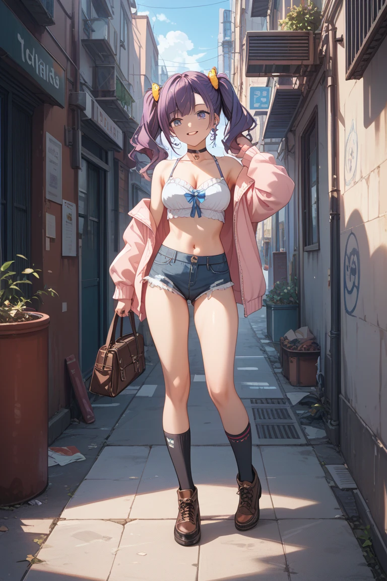 (SuperiorQuality), realisticlying, Woman,Japanese hairstyle,Purple hair,medium boob,Pink non-marking underwear,Pink lingerie,Seductive eyes,White suspender stockings,Standing on the bustling street,Coiled hair,Air bangs, pin up shot