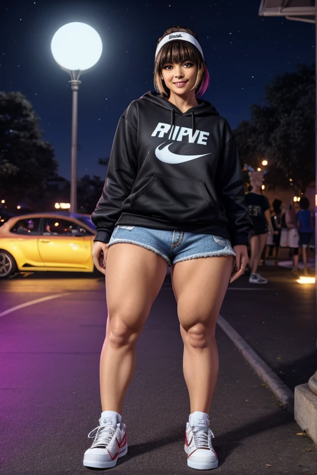 (best quality, highres, ultra-detailed), realistic, portrait, Colombian mature 65 year old looking curly-haired busty lady, standing in the middle of traffic, looking up at an alien invasion, dressed in ripped underwear shorts, checkered crop top tied in the front, vibrant colors, natural lighting.