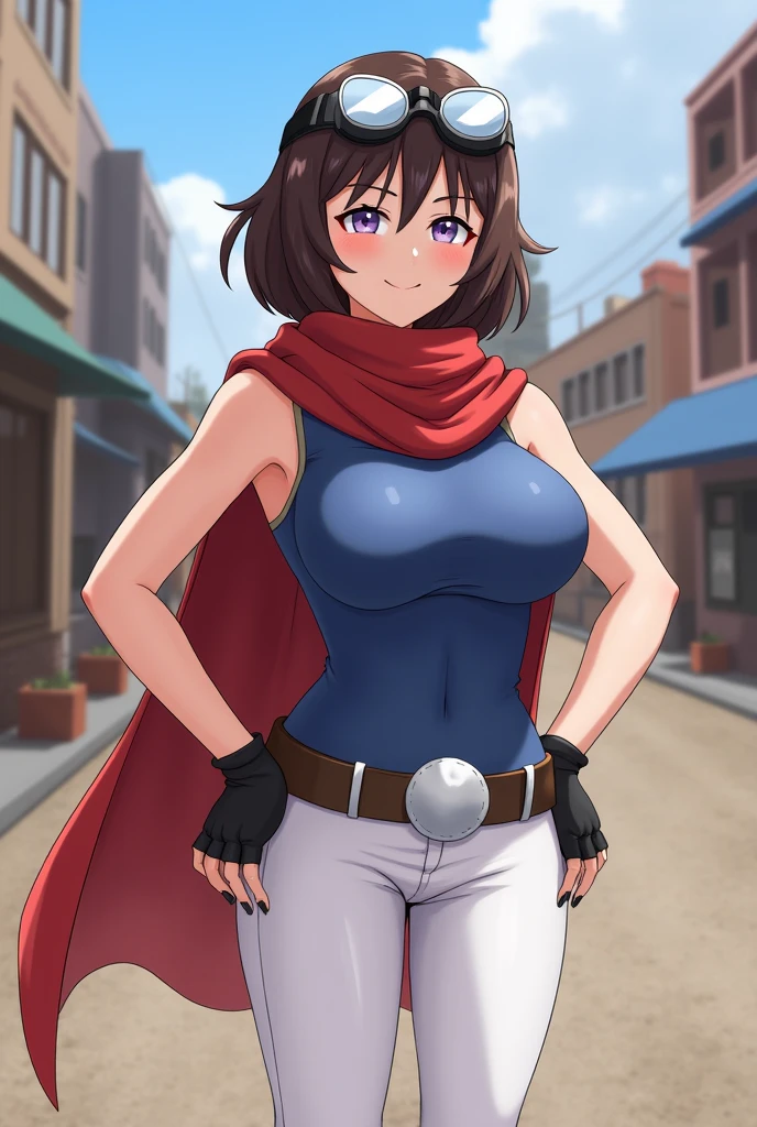 ((Best quality)), ((masterpiece)), (detailed), perfect face perfect figure, blue skinny jeans, Brown hair, Iron Breastplate, girl in blue jeans and iron armor, without ordering, short sleeves, red scarf