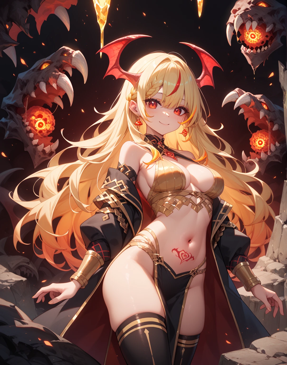 ((high detailed, best quality, 4k, masterpiece, hd:1.3)), ((best quality)), (((HD))), (((8k))), (ultraDH), (ultra HD), Princess Daisy, blue eyes, BREAK blue eyes, seductive, attractive, smooth anime cg art, 36C breasts, long legs, vivid colors, detailed digital art, slim body, perfect skin, dark blonde hair, long hair, blonde hair, blonde hair, BREAK crown, cleavage, 36C cleavage, looking at viewer, BREAK looking at viewer, extremely detailed face, red santa suit, red santa claus suit, santa claus suit, earrings, gem, dark black makeup lips, dark gothic eyeshadows, dark eyeshadows, black eyeshadows, black sexy lips, black lips, (dark:1.2), dark lips, very dark lips, (perfect hands, perfect anatomy), black makeup, black medium lips, black thick lips, detailed fingers, five fingers per hand, 5 fingers, (1 girl), detailed lips, detailed black lips, black painted lips, gothic painted lips, BREAK night, night sky, (breast focus), (arms outstreched:1.2), (from above:1.1), (breasts out:1.3), (off shoulder:1.1), (white horns), (bra), inside a lava castle, she inside a sea of lava, she bathing in lava, long legs on black stockings into the lava,