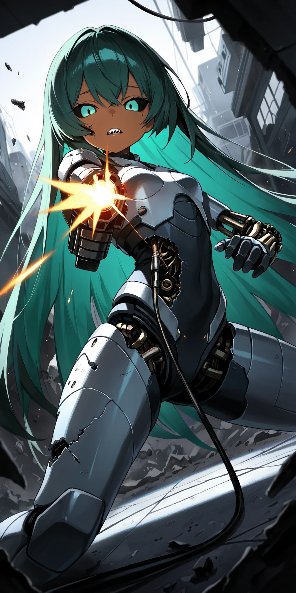 (humanoid Deficiency machine:1.2) ,Damaged precise Robot ,revolver ,(left machine arm damaged:1.4) ,short circuit body and arm:0.1 ,lost left hand ,precise machine girl type android :1.1 ,YSMB ,small :0.7 damage:1.7 ,(Very long wiring hair) ,Cinematic angle ,Dark skin:0.8, Trans parent ,Super wide shot ,Dynamic angle:1.0 , light gradation:0.1 ,head tilt:0.7 ,18 Old ,masterpiece, best quality, vibrant, very aesthetic, high contrast, cameralistic, newest, one mole under eye ,score_9, score_8_up, score_7_up,source_anime ,face_yolov8n/s.pt , mutant cheek:0.1 ,mutant :0.1 ,sharp tooth:0.1 ,black sclera ,Dutch angle ,from below ,spread my legs , Shoot the viewer with a gun ,Shoot the me with a gun .,muzzle flash:0.2 , black smoke:0.1 ,Exposed wiring arms ,Armored right legs ,Green hair ,head visor accessory ,Revolver , aiming at viewer:1.4 ,lost right leg ,damaged viewer:1.1 ,Damaging the audience ,Cracked Screen