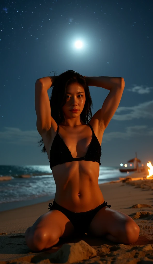 “Generate an HD Ultra Realistic 8K image of Young Attractive Asian Woman Sophie Tan at a lively beach bonfire party. She is wearing a skimpy white lace lingerie set, standing by a roaring bonfire with friends dancing and the ocean waves in the background. The scene captures the warm and carefree atmosphere of the beach party. Use a cinematic camera with a 50mm lens to capture the intricate lace details and the vibrant setting (1.3). The beach bonfire background should be softly blurred, with bokeh effects enhancing Sophie’s captivating presence (1.2). Post-production should enhance the warm firelight and add a slight glow to create a cozy, festive look (1.4).”