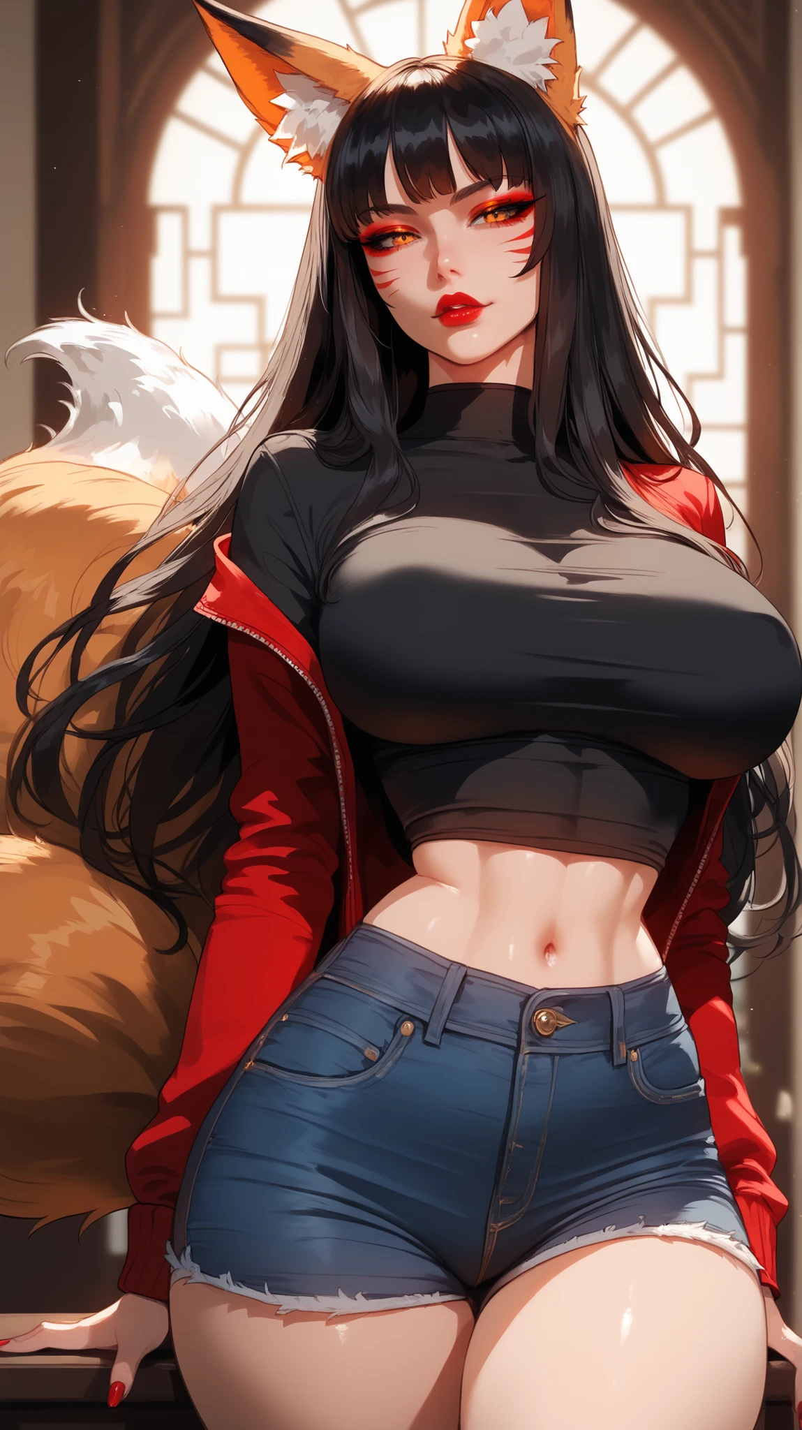 Ray tracing,{Best quality}, {{Masterpiece}}, {A high resolution}, Original, Extremely detailed 8k wallpaper, {An extremely delicate and beautiful}, realistic hand, one girl, good body proportions, cowboy shot, blush, Extremely detailed face, Extremely detailed body, Extremely detailed hands, Extremely detailed eyes, beatiful eyes, glowing eyes ((light blue eyes)), extremely detailed background, high quality background,Ahri League of Legends,(((kitsune girl,fox girl,fox tails,nine tails,multiple_tails,multiple tails))),(large breasts:1.9),25-year-old,seductive pose,looking at viewer,gym,sunset,golden hour,sweaty, sweat, extremely sweaty, (((cute gym school uniform, PE uniform, tight athletic shorts, PE shorts, tight gym shorts))), white school t-shirt,red shorts, cute unform, gym, gym setting, sweaty body,sitting,tired,tired look,(((sfw)))