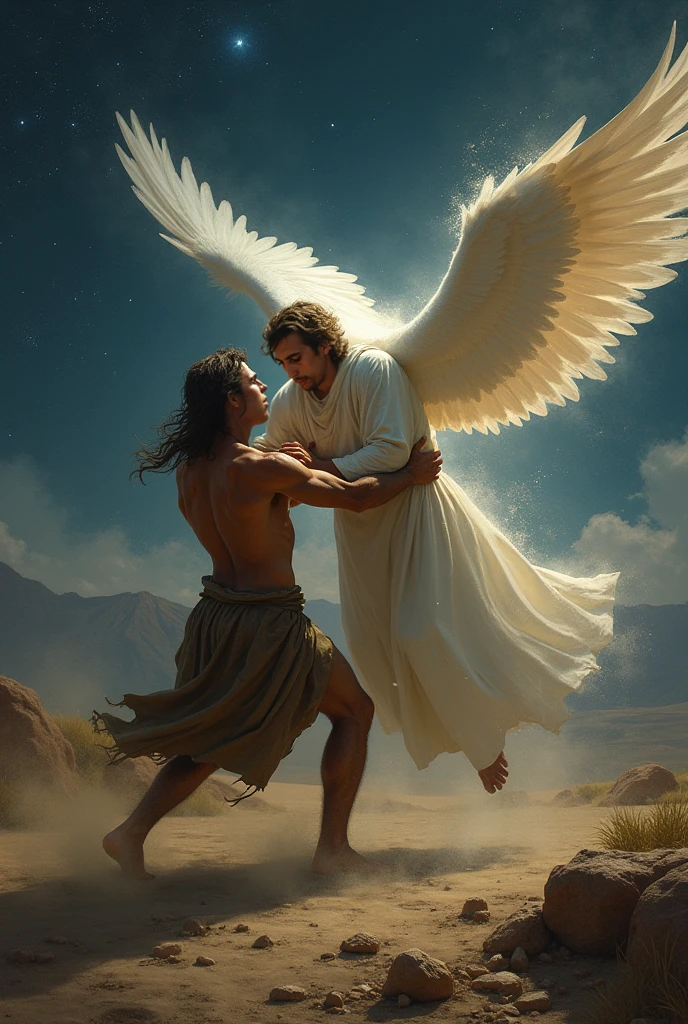imageio: "Jacob Lutando com o angel"
Crie uma cena dramática e intensa de Jacob lutando com um anjo em uma batalha física e espiritual. The image should capture the pivotal moment of the struggle during the night, with the dark sky and only the soft light of dawn beginning to appear in the background.
detaileds:
Personagens:
Jacob: A strong and determined man, clad in simple, worn clothes, showing signs of exertion and pain. His expression should reflect a blend of determination and agony.
angel: A towering celestial being, with majestic wings and a soft aura of light emanating from him. The angel should have a posture of strength, but also an expression of compassion and wisdom.
Action:
Jacob e o anjo estão em uma luta física, with tense muscles and the fighting stance suggesting a fierce clash.
O anjo deve estar tocando a coxa de Jacob, moving it, with a visible light at the point of contact, symbolizing transformation and pain.
enviroment:
The setting should be a deserted area or a mountainous landscape, escura e sombria, with a touch of luminosity on the horizon, Suggesting the arrival of dawn.
Add elements of dust or fog to intensify the feeling of struggle and tension.
styled:
Opt for a realistic style with dramatic details, like contrasting lighting and strong emotional expressions, to highlight the internal and external conflict of the scene.