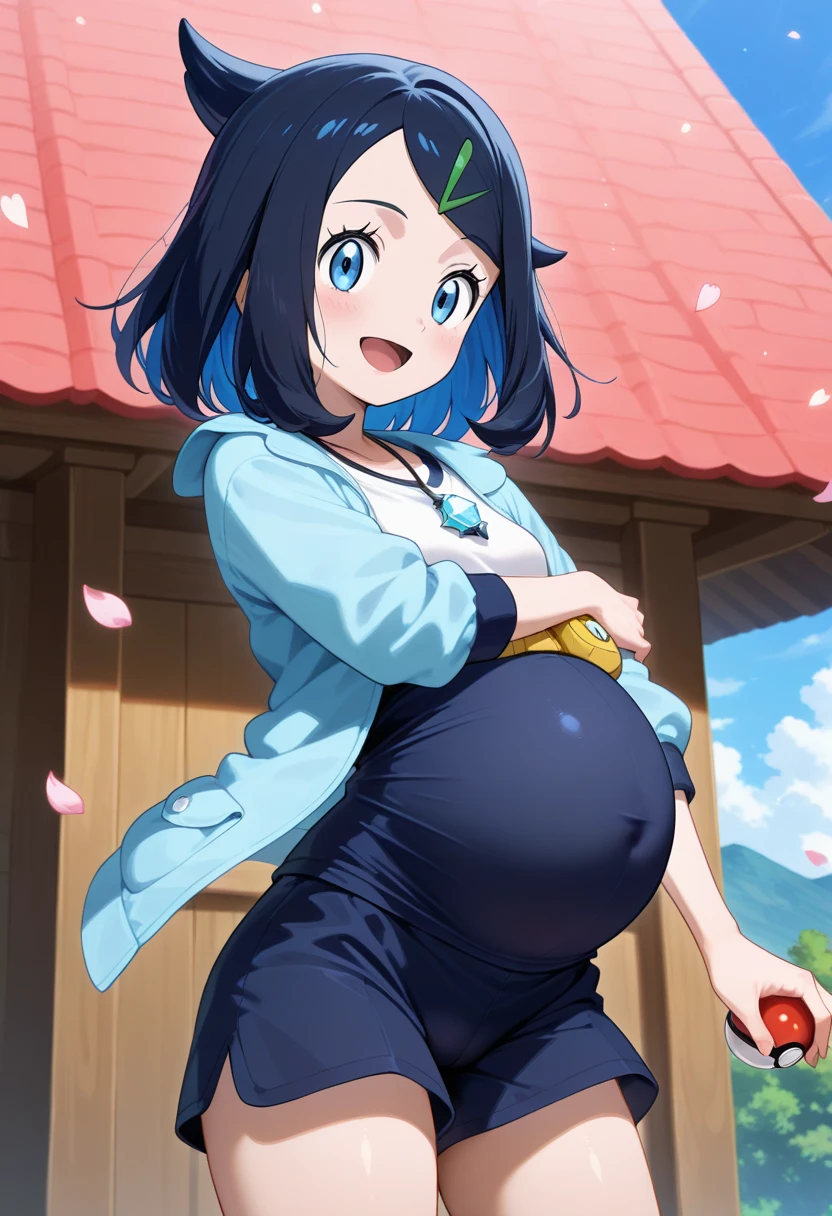 ((highest quality)),((Very detailed)),masterpiece,Anime art style,Absurd,One girl,((Dynamic pose)) , alone, Black Hair, young woman, Beautiful Fingers, Beautiful long legs, Beautiful body, Beautiful Nose, Beautiful character design, Perfect eyes, Perfect face, Expressive eyes, Perfect balance, (camisole,Shorts,Earrings,camp,blue sky),View your viewers, In the center of the image,Cowboy Shot, pregnant