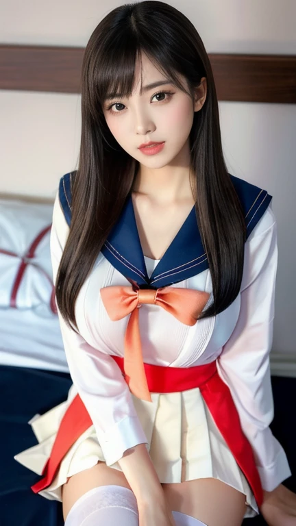 (((Very heavy chest))),Browsing Caution, 16k raw photos, highest quality, masterpiece, Ultra-high resolution, ((She is wearing a beautiful revealing red. (High school sailor uniform).
(Navy sailor collar:1.4),(White shirt:1.4),(Navy Pleated Skirt:1.4),(Navy Bow:1.4))).movie, 1 girl,((Attractive look)),Eyes sparkling、 Looking at the audience, natural skin texture Very heavy chest))),((( A black metallic ribbon around the neck))).Star Handle、((Yellow Eyes)),Realistic eye and facial details, Lip, Lipstick Makeup), Fluffy ponytail hair, Laughter, Beautiful feet, Tall Woman, ((Glowing Skin)),((Beautiful Underarm)), slim_feet, Huge breasts, Cleavage, Beautiful natural place, Beautiful flower garden、(Detailed Background,Highly revealing, Huge breasts, Blurred Background,, JK ribbon around the neck, JK Ribbon, Blonde, bracelet, water, bangs, Split Lip、Underarm、Beautiful hip line、Glowing Skin、(((Eyes sparkling brightly))),Lotion Skin、High Leg、((Black Hair)),Highly revealing、A revealing pink luxury fur coat、Beautiful sea background、Wind effects、