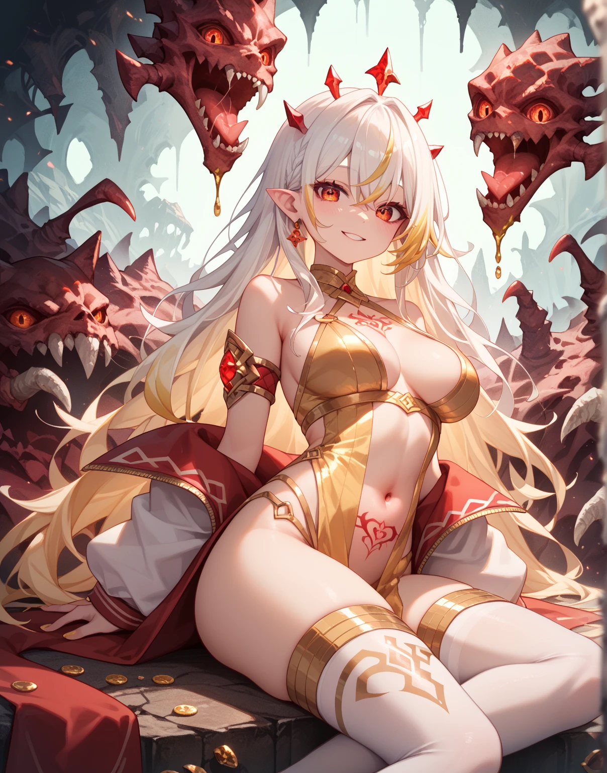 [(white background:1.5)::5], masterpiece,(full body:1.2),(masterpiece, ultra high res, 16k uhd, high quality),1girl with horn, monster,huge chest, full body, smirk,perfect face, 