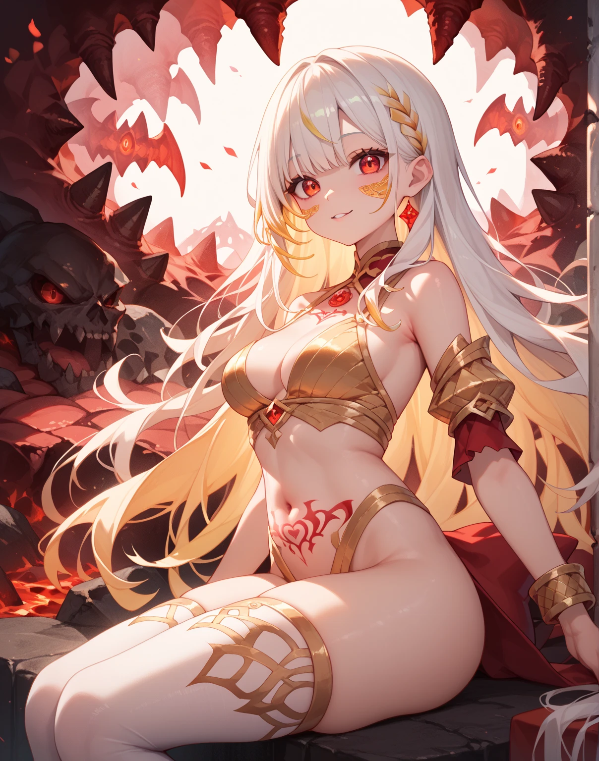 Chain bikini, chain crown, bare belly, big breasts, fire hair, red eyes, godness of fire,