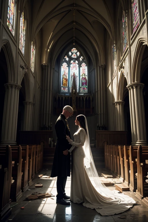 Photo of Donald Trump marrying a beautiful K-pop idol, inside a church, during the ceremony when they give their vows, masterpiece, best quality, 80mm lens, dreamlike, fantasy ambience