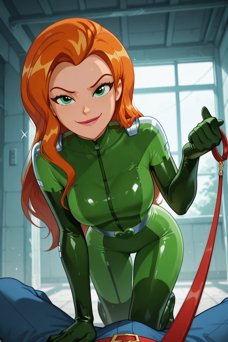 Sam, totally spies, kneeling, side view, inside a alley, green catsuit, belt, gloves, boots, orange hair, green eyes, blushing, licking small penis, looking up, small penis