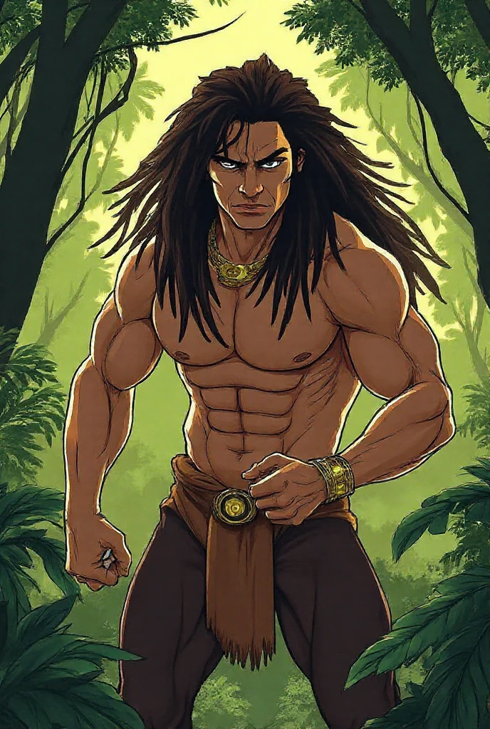Athletic African femboy, handsome male, his eyes hazel colored, dark_skin, brown_body, tattoos all over; tribal, loincloth, zulu tribesman, messy long hair, jungle hunter, vivid colors