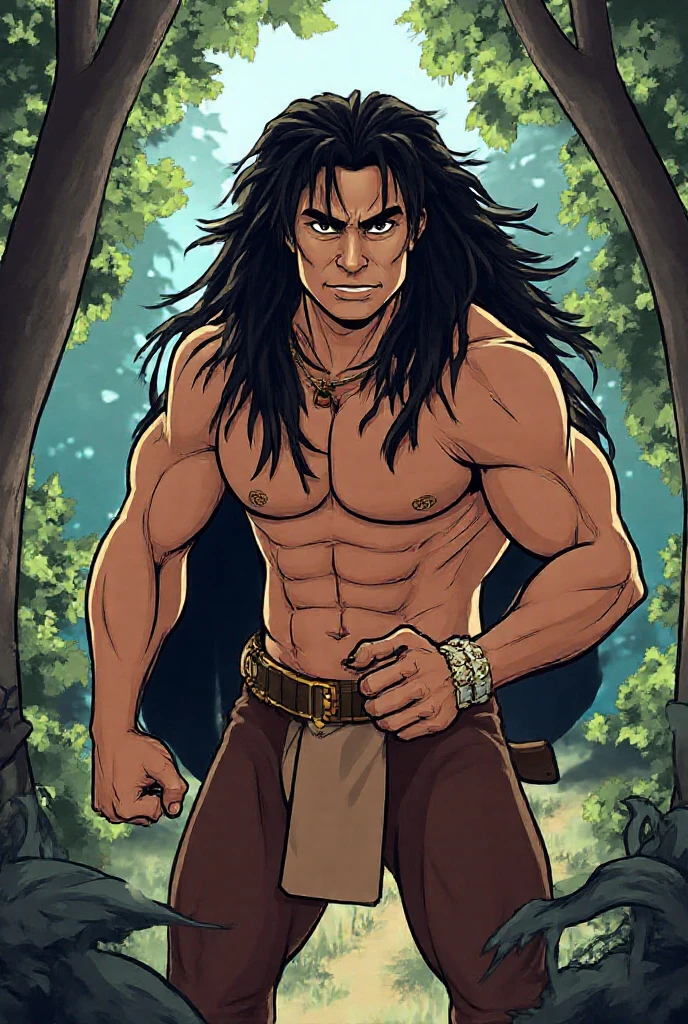 a black haired tribal caveman man with a deer skull over his head in the woods