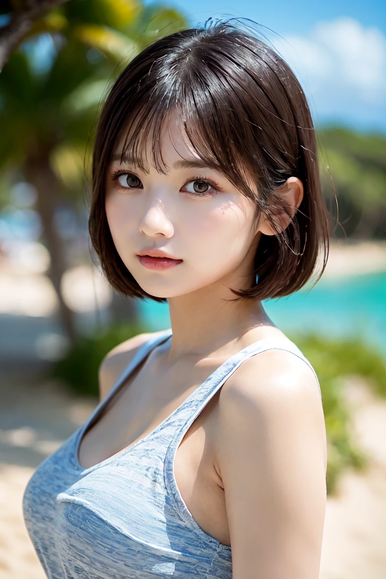 masterpiece、highest quality、8k、(Upper Body:1.4)、beautiful girl、Small breasts、Pretty face、View your viewers、Cute Smile、Ultra-realistic、photograph、Film Grain、chromatic aberration、Sharp focus、High resolution、Face Light、Dynamic Lighting、Cinema Lighting、Professional Shadow、Real Skin、Delicate facial features、Detailed face and eyes、Sharp pupils、Big eyes、Brunette's eyes、double eyelid、Natural Bangs、Beautiful and thin nose、Beautiful Skin、Chestnut Hair、Medium Bob Hair、Shortcuts、Natural Bangs、Perfect and beautiful face、Slim face and figure、Natural color lips、White mini camisole、Panties、Open the navel、Seaside、