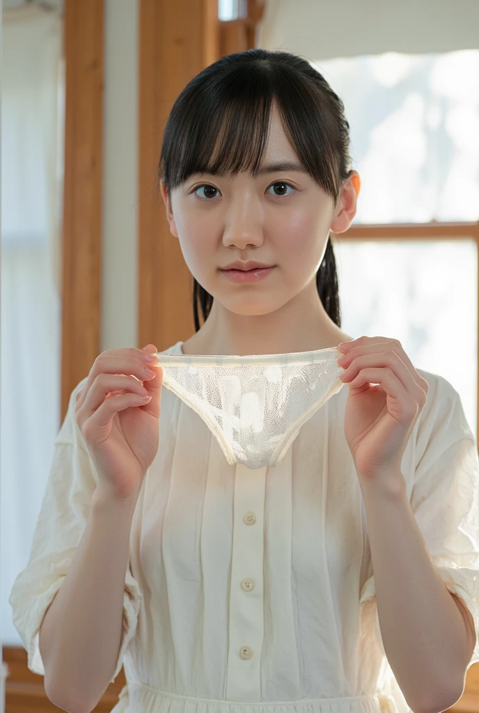(8K, RAW Photos,Highest quality, High resolution:1.1), (超Realisticな:1.4),(Realistic, Realistic:1.3),The Beauty of Japan、((Upper Body:1.3))、Gymnastics Team - Flexible Leotards and Grips,holding panties ,  (Panties as a gift),(Detailed light green silk panties:1.1),Focus Panties,(Blushing:1.3),(Panty stains),