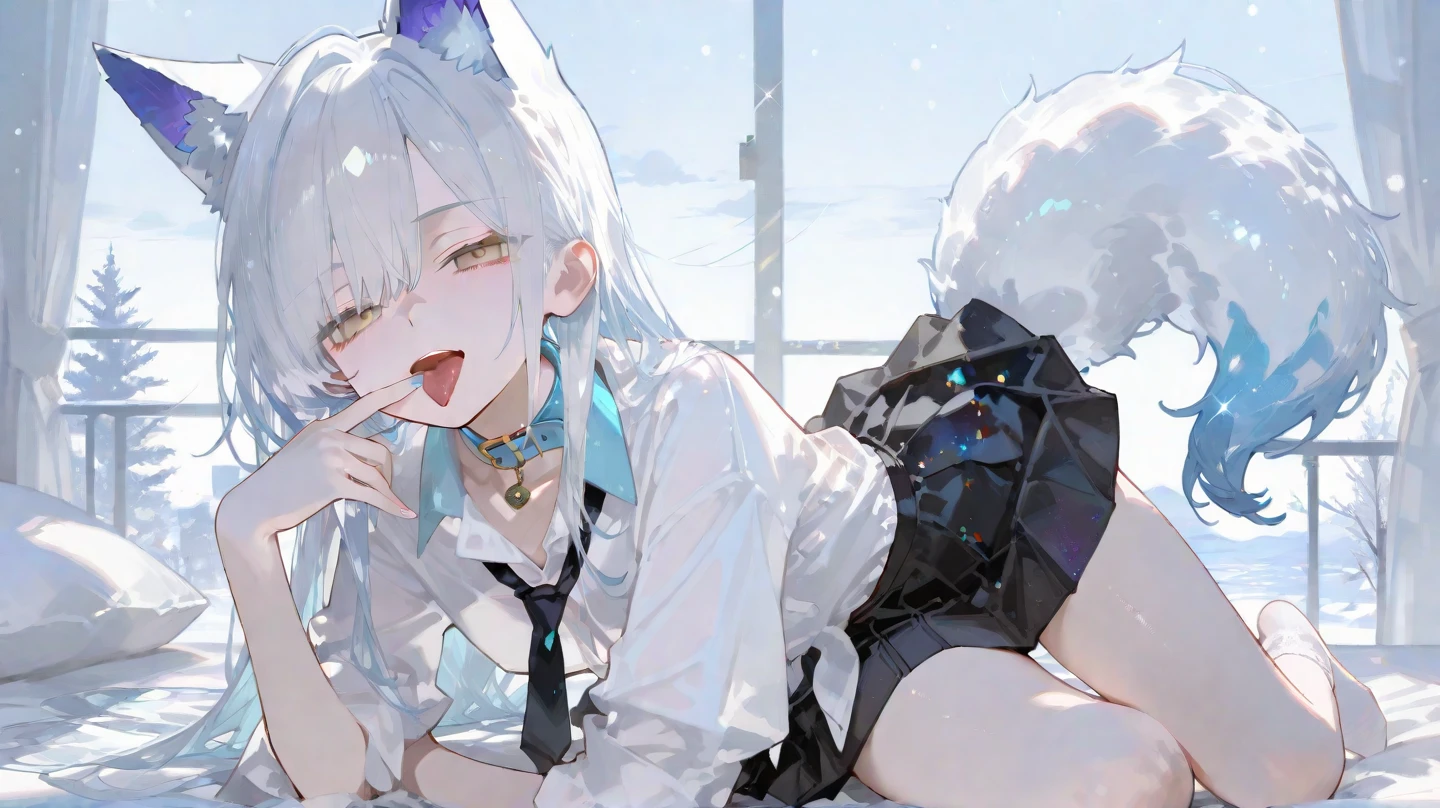 NSFW,masterpiece,Highest quality,High resolution,Super detailed,Snowstorm、Gray Hair、One-sided braid、Ahoge、Earrings、Fox Tail、fubuki_base、White blouse、Sleeveless、Black shorts、Blue neckerchief、Thigh straps、Single knee socks、White Hair、One side braided、Ahoge、Earrings、Fox&#39;s Tail,Embarrassed,Estrus,Lust,blush