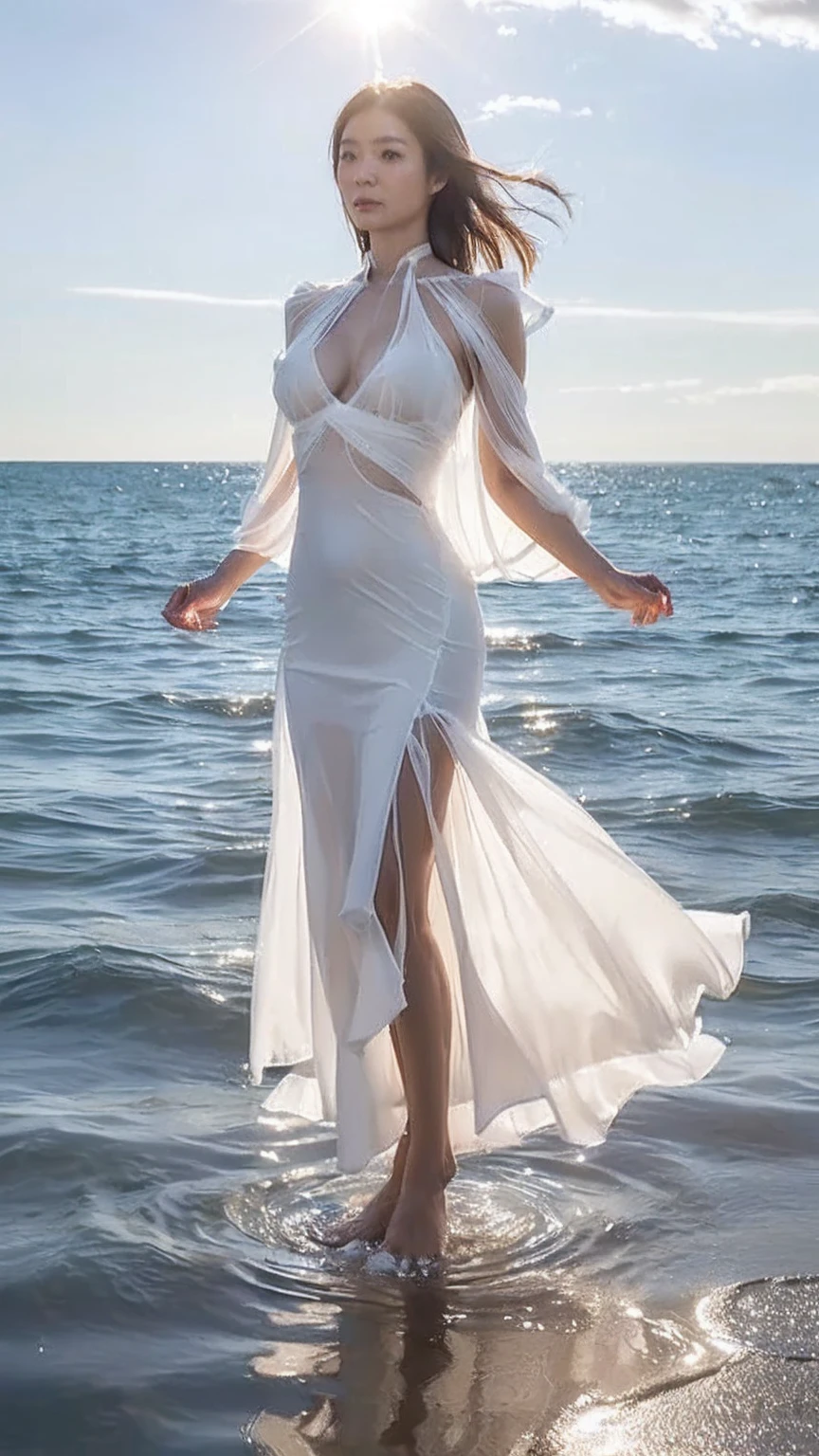 ((Highest quality)),Photo quality、Japanese、Woman、Standing on the sand at the beach、((The setting sun can be seen in the background))、((The magical moment when the sun sets))、Dress Long white silk robe、Backlight makes her body lines visible、Earrings、Necklace、Cleavage、Perfect anatomy、Anatomically correct body、Realistic human skin、28 years old、 Short hair、Bob hair、Brown hair、Knees、Watching the audience、Shy face、Big breasts、Bulge breasts