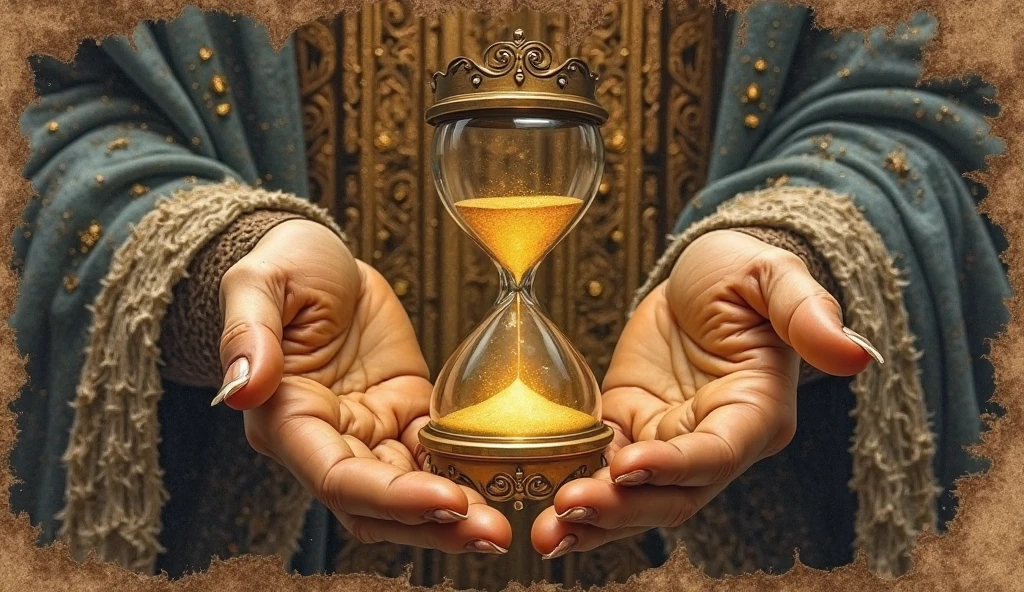 Create a hyper-realistic and mysterious image of an ancient hourglass, where the golden sand is slowly falling. Beside the hourglass, the hand of Solomon, adorned with rings, is about to turn it, symbolizing control over time and the patience needed to achieve prosperity. The background should be softly blurred, with the golden light highlighting the sand and the hand, creating a sense of urgency and mystery around the concept of time in wealth building.
]