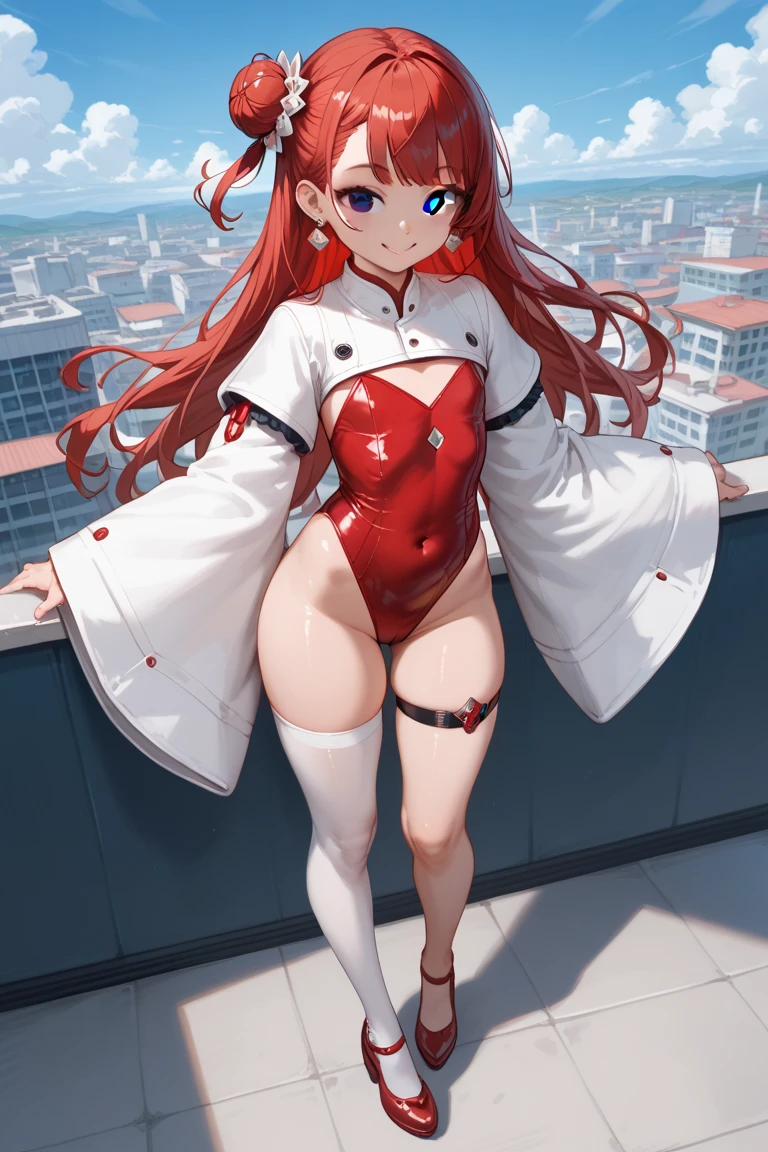 highest quality、((one beautiful woman))、beautiful big breasted woman、straight hair woman、red hair woman、smile、lace queen costume、((A woman wearing a red leotard with a logo))、Exposing the belly、red arm cover、woman wearing long red boots、formula 1、F1 Racing、racing car、naughty pose
