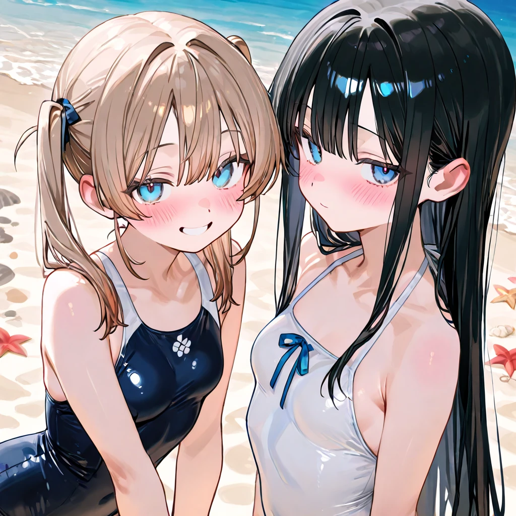 New school swimsuit、Lori、Two girls、Embrace each other、blue sky、Seaside