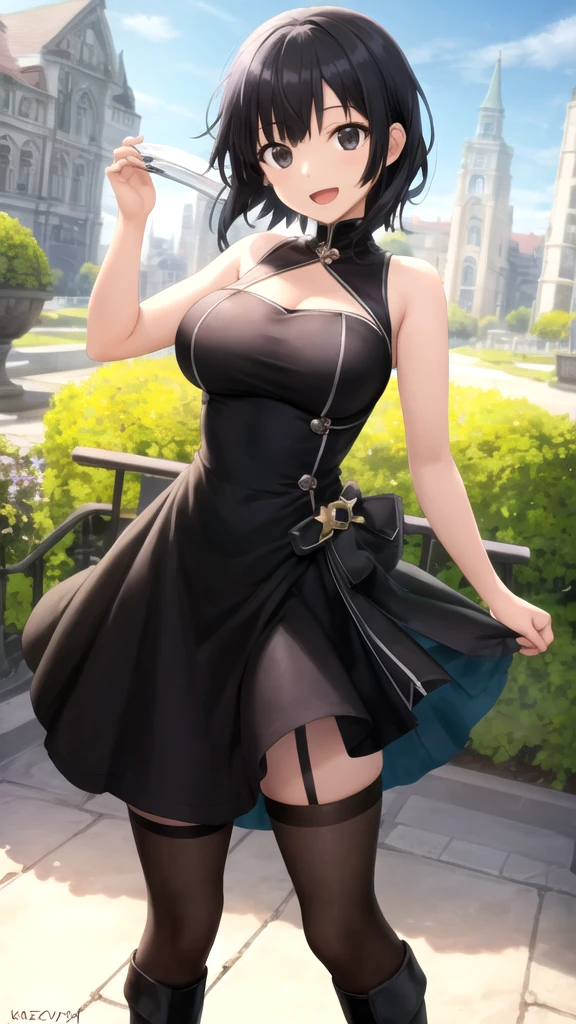 ((ultra detailed, masterpiece, best quality)) FF8Rinoa, 1girl, solo, single braid, blue eyes, black hair, white hairband, black choker, ?????????????? hanging, black corset strapless ????, white ???? miniskirt, ???? long legs, black platform high heels wedges, full body shot