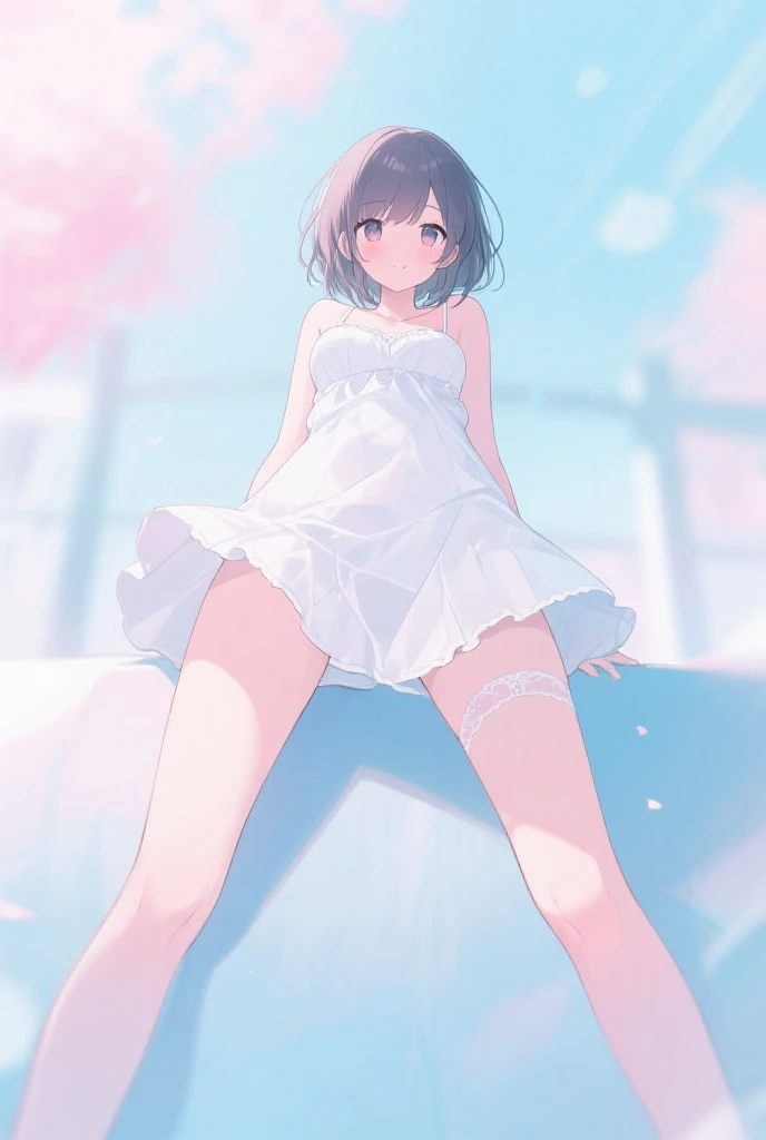 1girl,solo, blunt-bangs,19 years old,short-hair,large_breasts,black-hair,red-eyes, white_lace_camisole,light-blue_frilled-skirt,white_sandals,