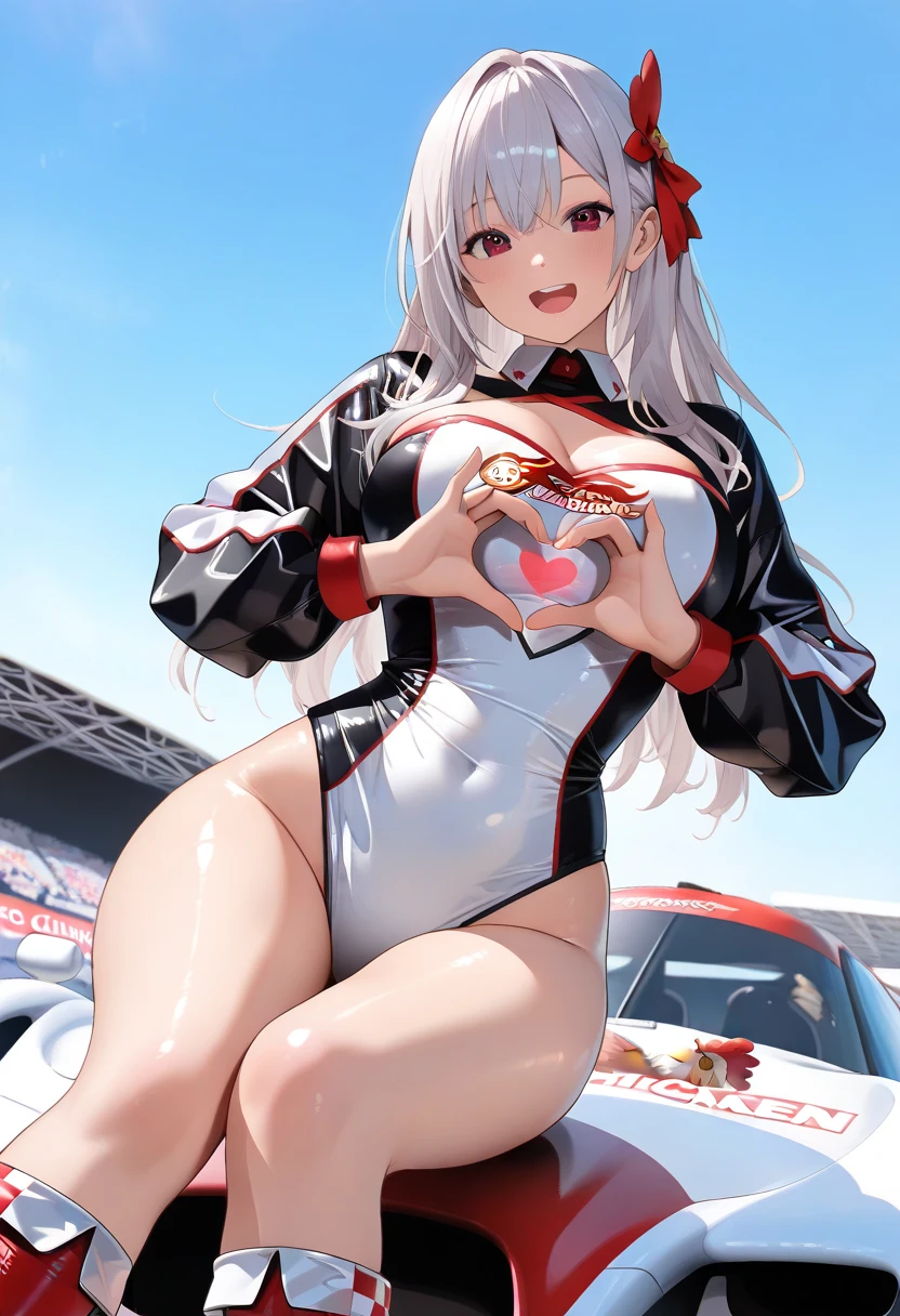 (masterpiece:1.2, highest quality), (realistic, photorealistic:1.4), beautiful illustrations, 
looking at the viewer, whole body, Front view:0.6, 
1 female, 27 only, Japanese, ((Silver-haired semi-long:1.5)), bangs, hair between eyes, ((height: 172cm, big breasts:1.6, thin waist)) 
beautiful hair, beautiful face, beautiful and detailed eyes, (green eyes:1.3), beautiful clavicle, beautiful body, beautiful breasts, beautiful thighs, beautiful feet, beautiful fingers, perfect anatomy:1.3, perfect anatomy
(Circuit field)
((racing suit:1.9, choker:1.6))
((Grasp the hem of the skirt with your right hand, Put your left hand on your chest, open your legs:1.3)), 
(Look at the viewer while blushing:1.3)