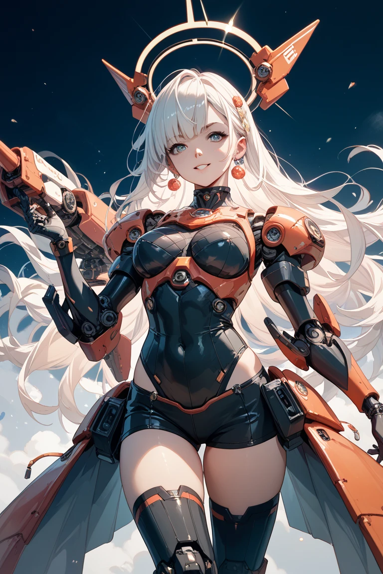 solo, light green mecha musume, cyborg, floating, underboob, parted lips, blush, small breasts, leotard, translucent skin, thrusters, number, sky, cloud, coastal desert, god rays <lora:translucentSkin_v10:1> <lora:Granblue_Fantasy_style_v01:1>