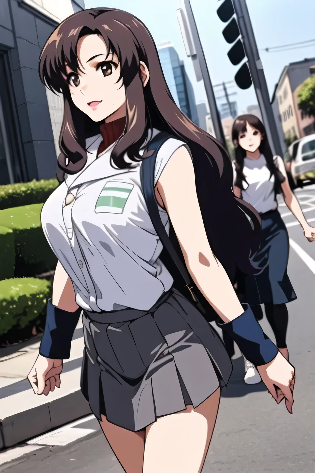 紺色のpleated miniskirtは描けますか,Please draw expressions more delicately,walking alone, city tour ,,(((she wears casual tourist wear))), I have a SLR camera ,(Let's draw a more delicate look),(sleeveless wool sweater),( pleated pread your legs,white panties),(That work is enough for one person {X} is very important for work)、 This piece is great enough by itself,don't trim her face if work requires {X}、 , attractive 40 year old adult woman jumping out of her uniform, Big black wavy hair, , Big Breasts, Thin Waist , , ,